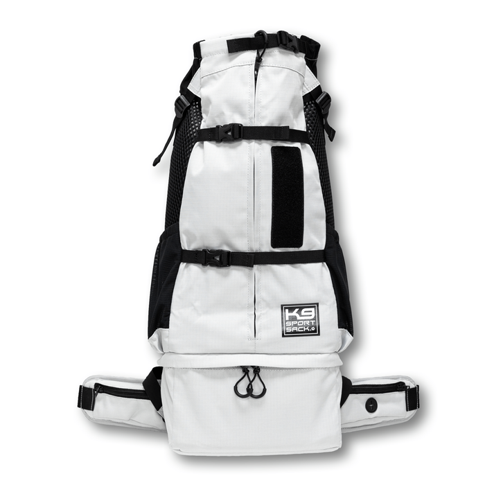 Front view of the K9 Sport Sack Knavigate dog carrier backpack in Lunar Rock, showing the collar enclosure and cinch straps