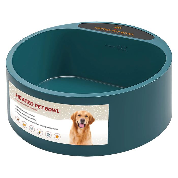 Dark teal heated pet water bowl with a MAX fill line and a heater light on the rim