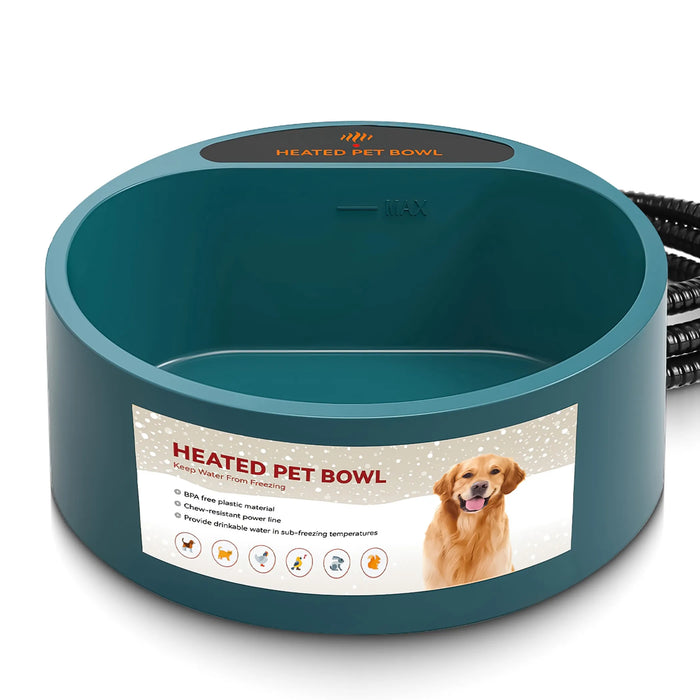 Heated pet water bowl with label and PVC-wrapped power cord