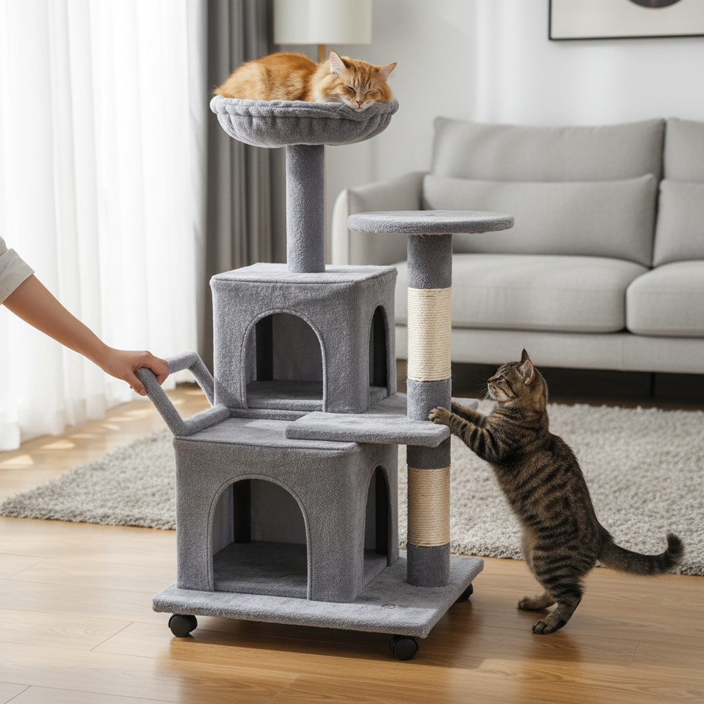 Mobile Gray Cat Tree House with Built-In Scratching Post