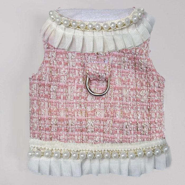 Envogue lace dog harness in Pearl tweed, front view