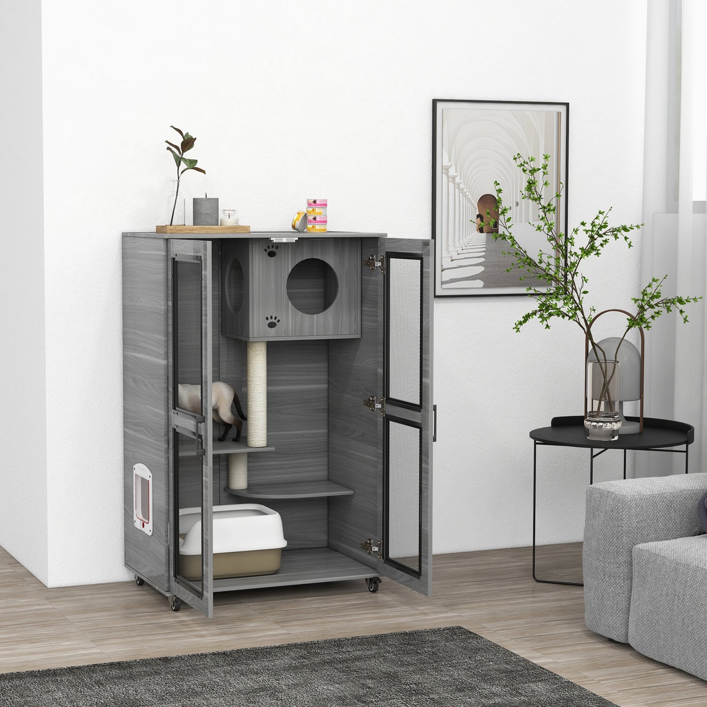 Mobile Gray Cat Tree House with Built-In Scratching Post