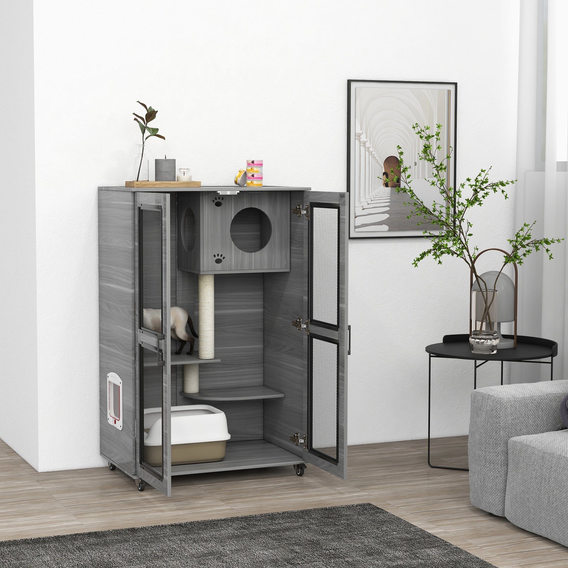 Mobile Gray Cat Tree House with Built-In Scratching Post