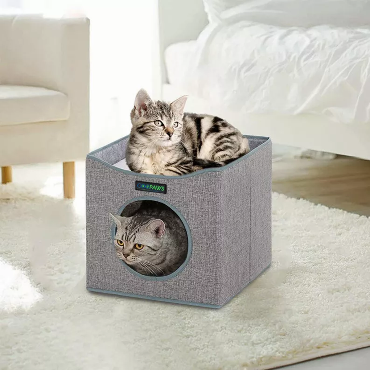 JESPET Foldable Cat Condo, Cat Cube House & Sleepping Bed with Lying Surface and 2 Reversible Cushions, Cat Hiding Place, Cat Cave, Linenette Fabric, Felt and Engineered Wood, Scratch Resista