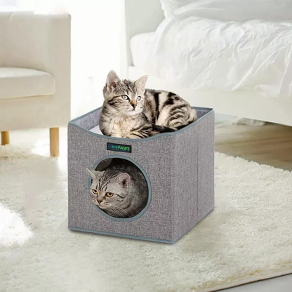 JESPET Foldable Cat Condo, Cat Cube House & Sleepping Bed with Lying Surface and 2 Reversible Cushions, Cat Hiding Place, Cat Cave, Linenette Fabric, Felt and Engineered Wood, Scratch Resista