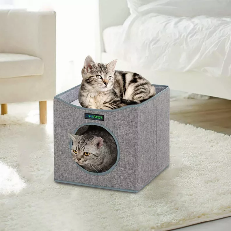 JESPET Foldable Cat Condo, Cat Cube House & Sleepping Bed with Lying Surface and 2 Reversible Cushions, Cat Hiding Place, Cat Cave, Linenette Fabric, Felt and Engineered Wood, Scratch Resista