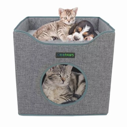 JESPET Foldable Cat Condo, Cat Cube House & Sleepping Bed with Lying Surface and 2 Reversible Cushions, Cat Hiding Place, Cat Cave, Linenette Fabric, Felt and Engineered Wood, Scratch Resista