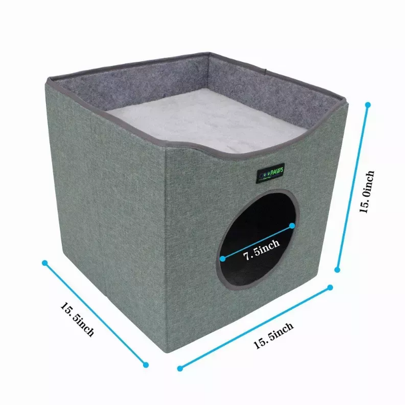 JESPET Foldable Cat Condo, Cat Cube House & Sleepping Bed with Lying Surface and 2 Reversible Cushions, Cat Hiding Place, Cat Cave, Linenette Fabric, Felt and Engineered Wood, Scratch Resista