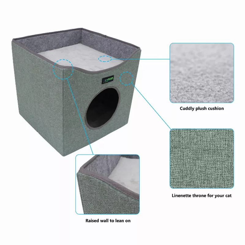 JESPET Foldable Cat Condo, Cat Cube House & Sleepping Bed with Lying Surface and 2 Reversible Cushions, Cat Hiding Place, Cat Cave, Linenette Fabric, Felt and Engineered Wood, Scratch Resista