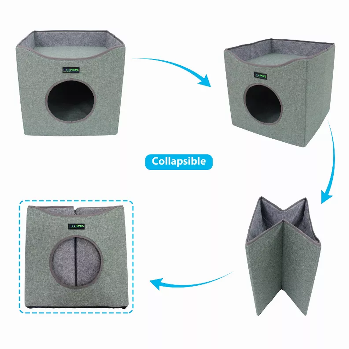 JESPET Foldable Cat Condo, Cat Cube House & Sleepping Bed with Lying Surface and 2 Reversible Cushions, Cat Hiding Place, Cat Cave, Linenette Fabric, Felt and Engineered Wood, Scratch Resista