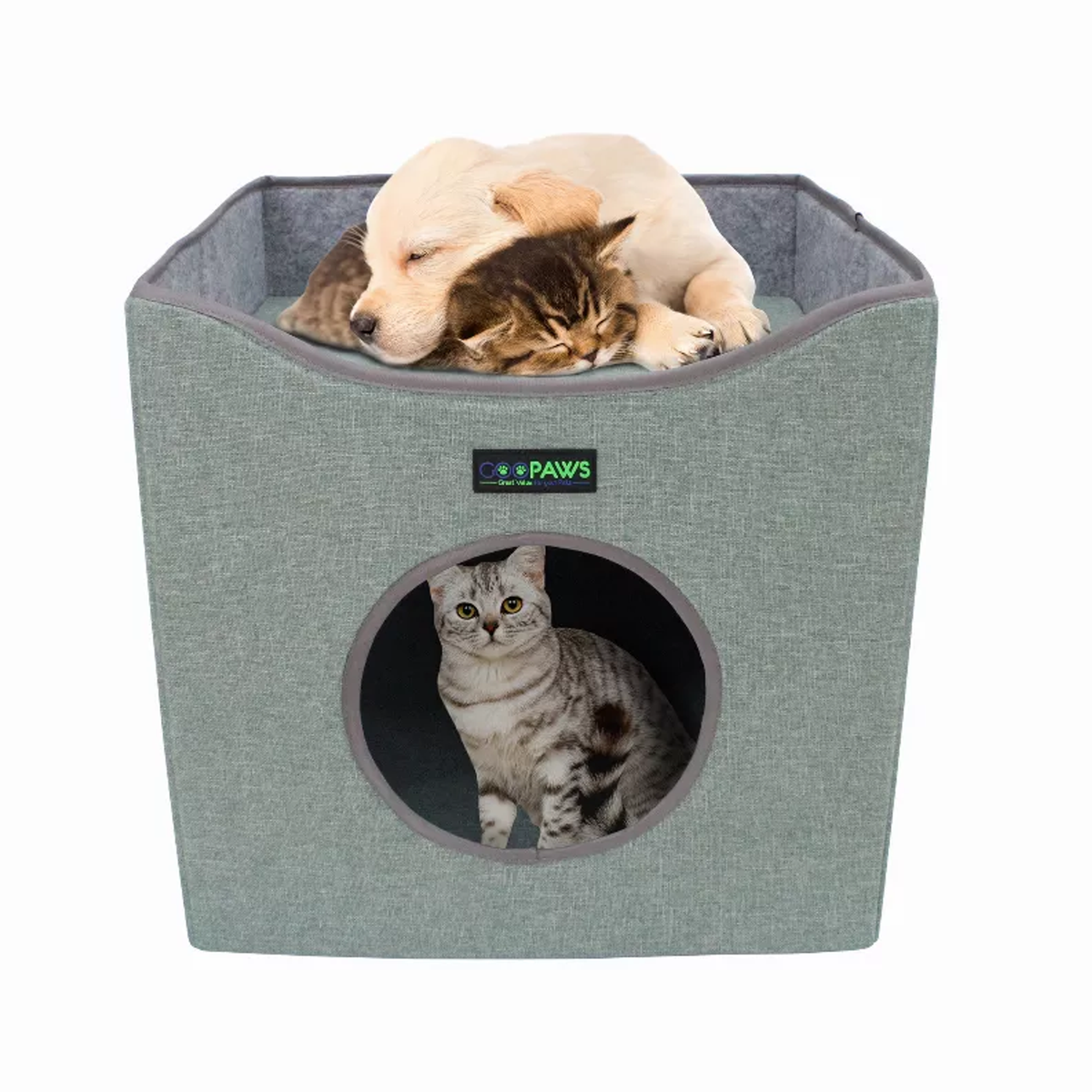 JESPET Foldable Cat Condo, Cat Cube House & Sleepping Bed with Lying Surface and 2 Reversible Cushions, Cat Hiding Place, Cat Cave, Linenette Fabric, Felt and Engineered Wood, Scratch Resista