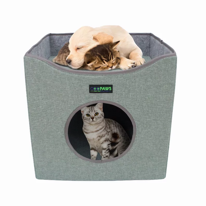 JESPET Foldable Cat Condo, Cat Cube House & Sleepping Bed with Lying Surface and 2 Reversible Cushions, Cat Hiding Place, Cat Cave, Linenette Fabric, Felt and Engineered Wood, Scratch Resista