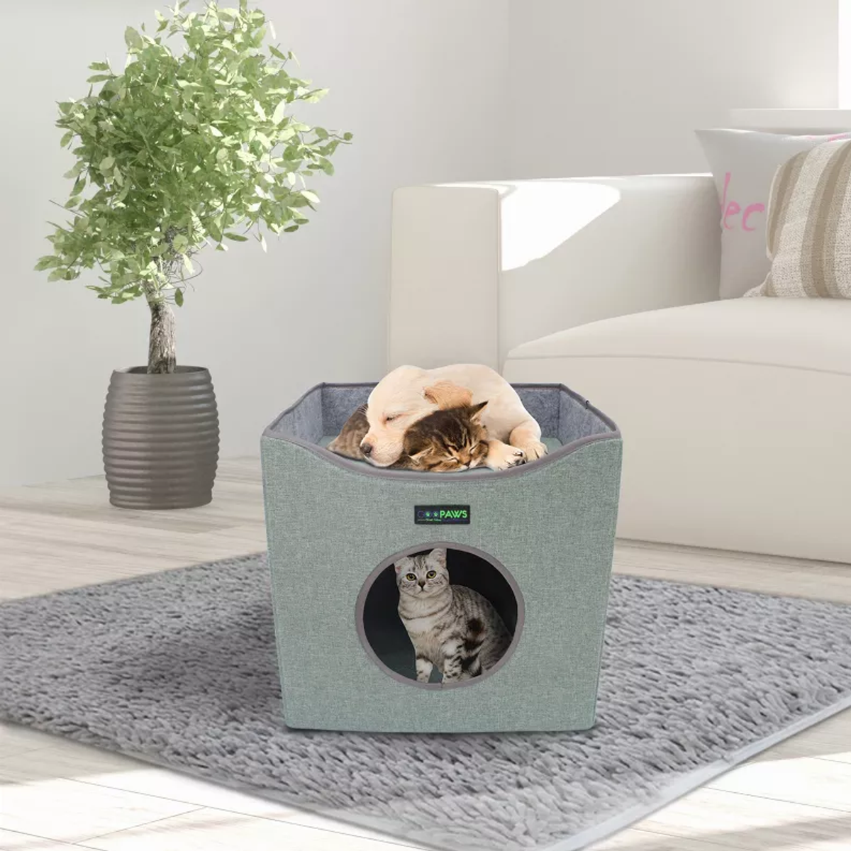 JESPET Foldable Cat Condo, Cat Cube House & Sleepping Bed with Lying Surface and 2 Reversible Cushions, Cat Hiding Place, Cat Cave, Linenette Fabric, Felt and Engineered Wood, Scratch Resista