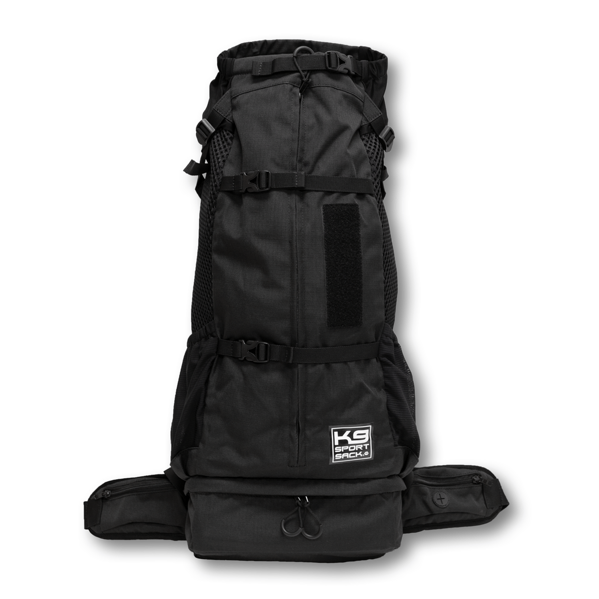 Front view of the Knavigate dog carrier backpack in Midnight Black, showing the collar enclosure and cinch straps