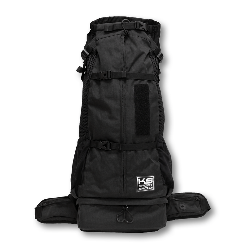 Front view of the Knavigate dog carrier backpack in Midnight Black, showing the collar enclosure and cinch straps