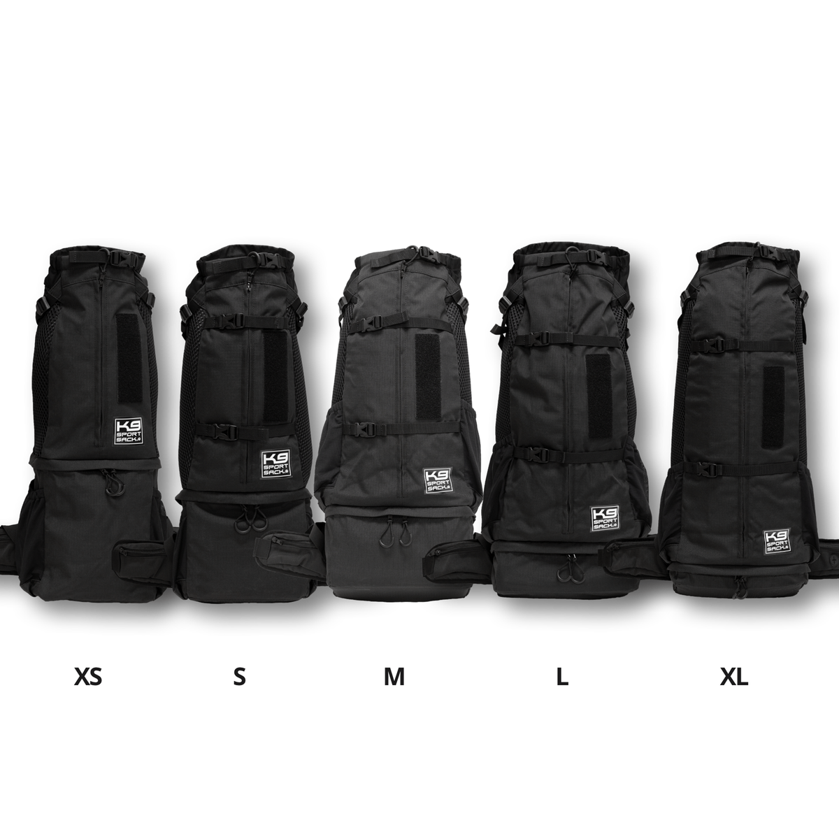The five Knavigate sizes side by side, XS through XL, in Midnight Black