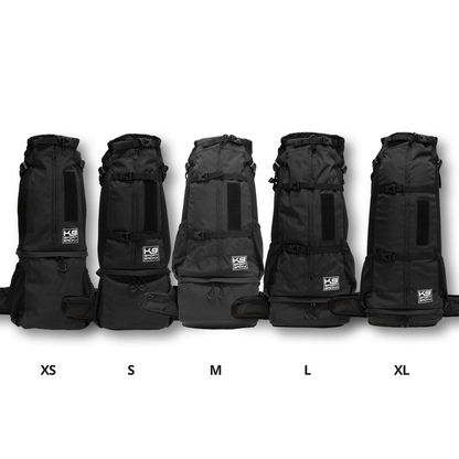 The five Knavigate sizes side by side, XS through XL, in Midnight Black