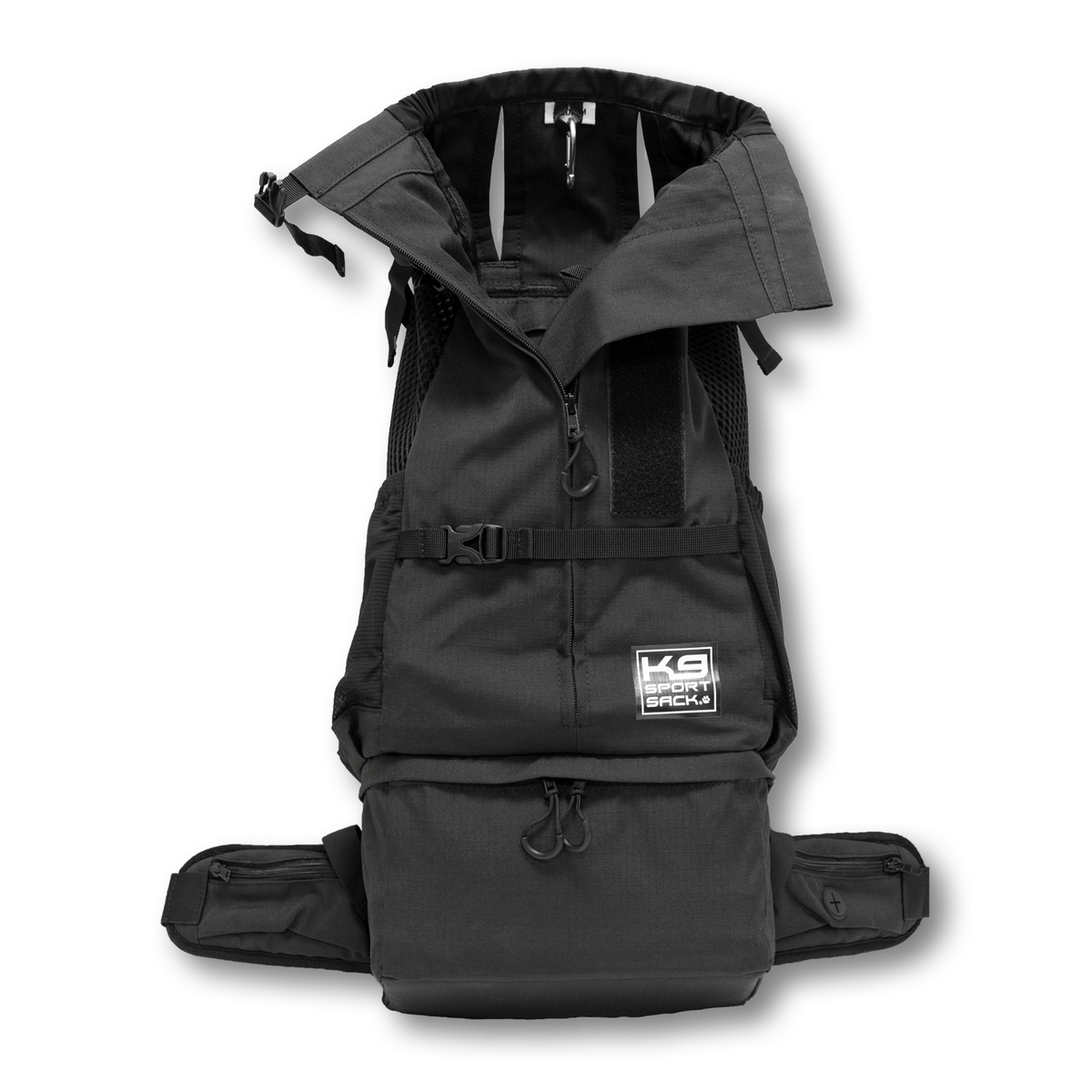 Knavigate dog carrier backpack in Midnight Black with the top collar enclosure opened up