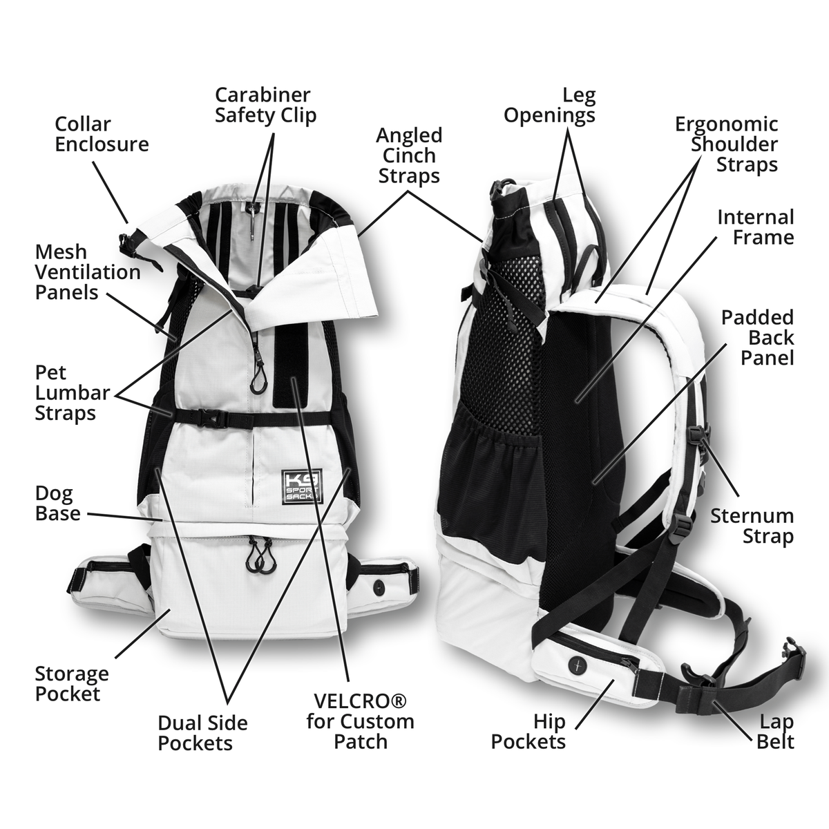 Labelled diagram of the K9 Sport Sack Knavigate carrier showing every strap, panel and pocket
