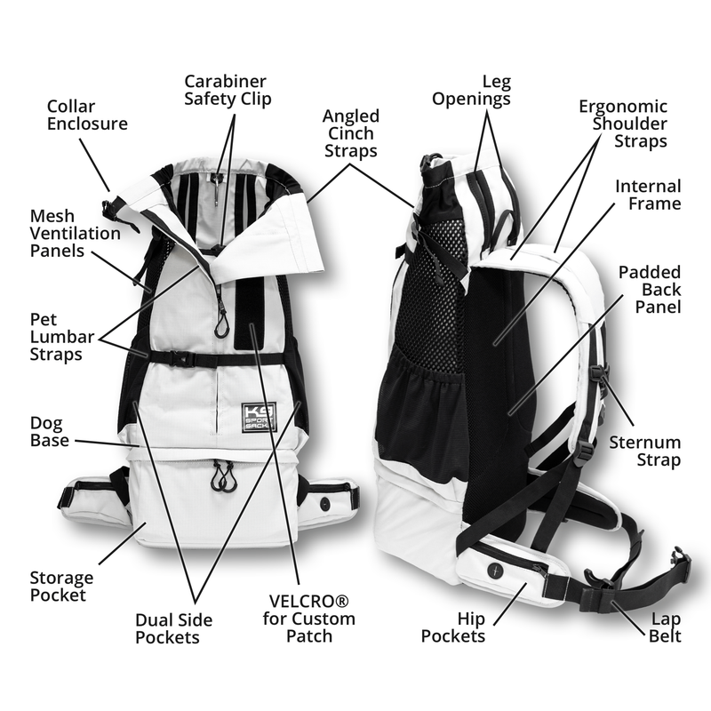 Labelled diagram of the K9 Sport Sack Knavigate carrier showing every strap, panel and pocket