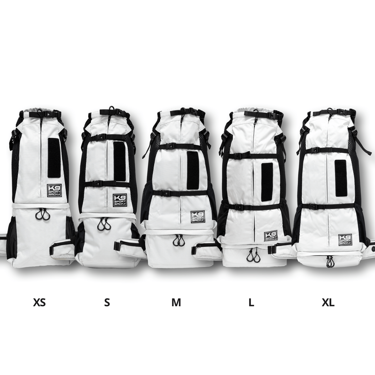 The five Knavigate carrier sizes lined up from XS to XL