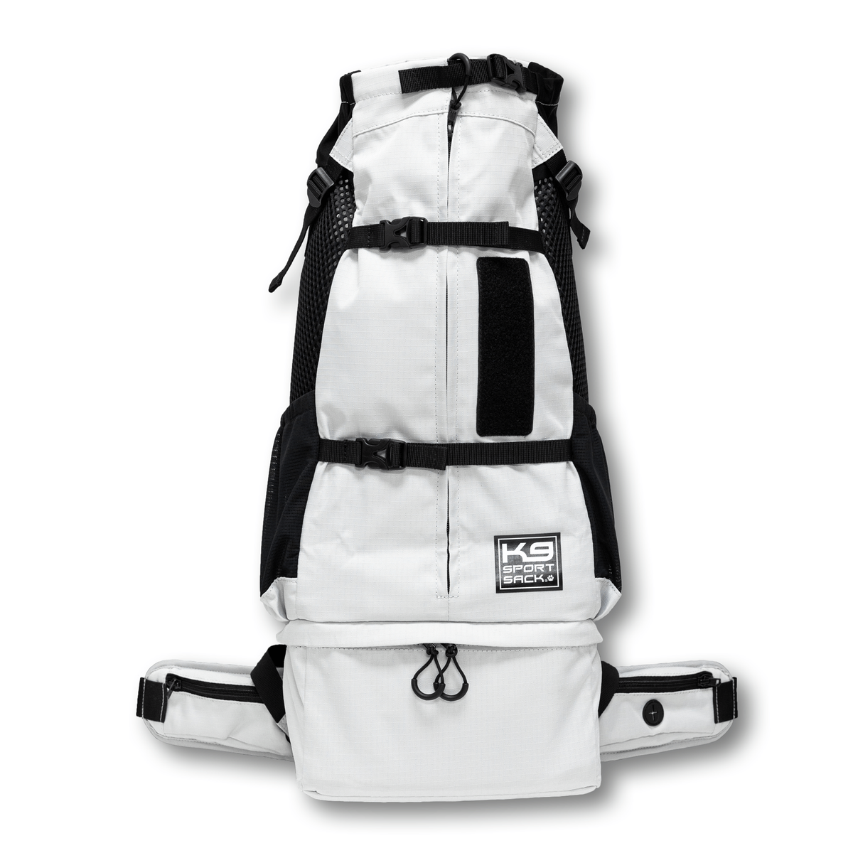 Front view of the K9 Sport Sack Knavigate dog carrier backpack in Lunar Rock, showing the collar enclosure and cinch straps