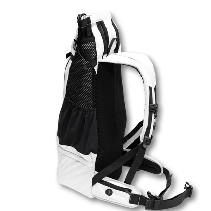 Side profile of the Knavigate dog carrier backpack in Lunar Rock showing the lap belt and hip pocket