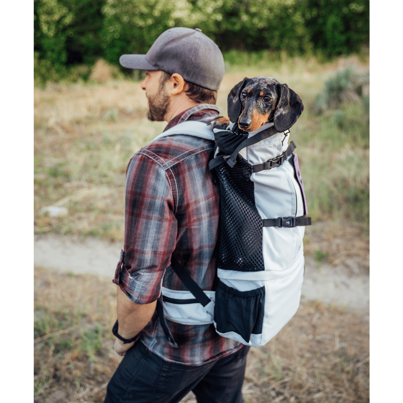 Man walking a trail with a dachshund riding in the white K9 Sport Sack Knavigate dog carrier backpack