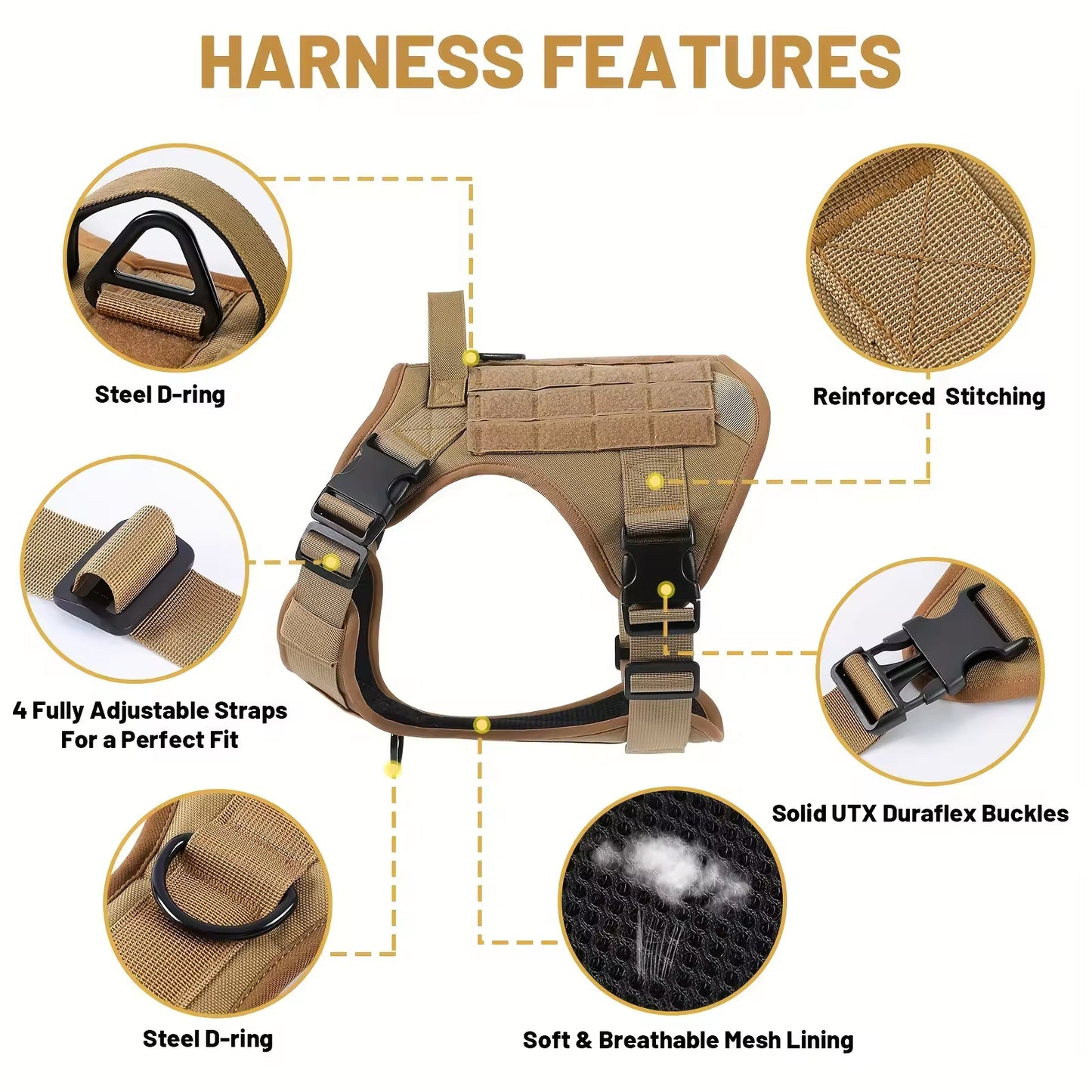 Adjustable Tactical Dog Harness with Metal Buckles