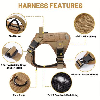 Tactical dog harness with handle - features: metal D-rings, quick-release buckles, mesh lining