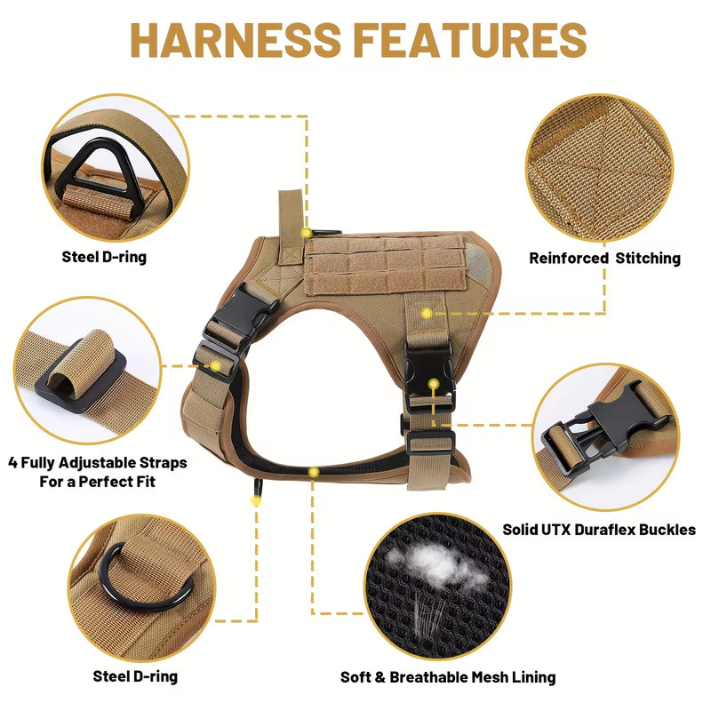 Tactical dog harness with handle - features: metal D-rings, quick-release buckles, mesh lining