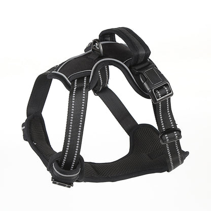 Black no pull dog harness vest with reflective striped straps, thickened top handle, chest ring and mesh lining on a white background