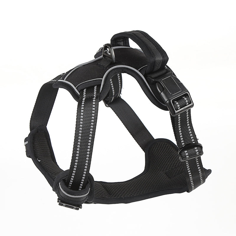 Black no pull dog harness vest with reflective striped straps, thickened top handle, chest ring and mesh lining on a white background