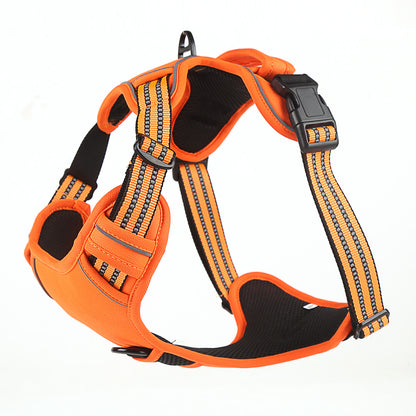 Orange no pull dog harness vest with reflective striped straps, top handle and mesh lining on a white background
