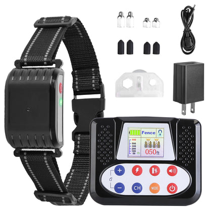 Wireless dog fence kit: collar receiver, LCD transmitter, contact points, silicone covers, USB cable and wall adapter