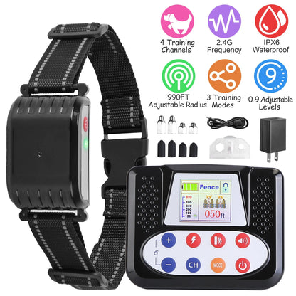 Wireless dog fence features: 4 channels, 2.4G, IPX6 waterproof, 990 ft radius, 3 modes, levels 0-9