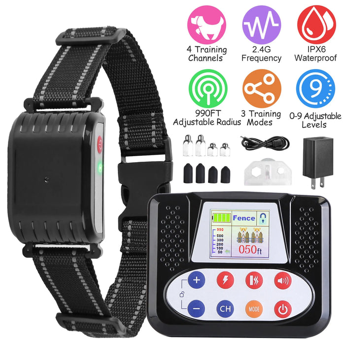 Wireless dog fence features: 4 channels, 2.4G, IPX6 waterproof, 990 ft radius, 3 modes, levels 0-9