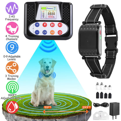 Wireless dog fence radius from 50 ft to 990 ft around the transmitter with a dog wearing the collar