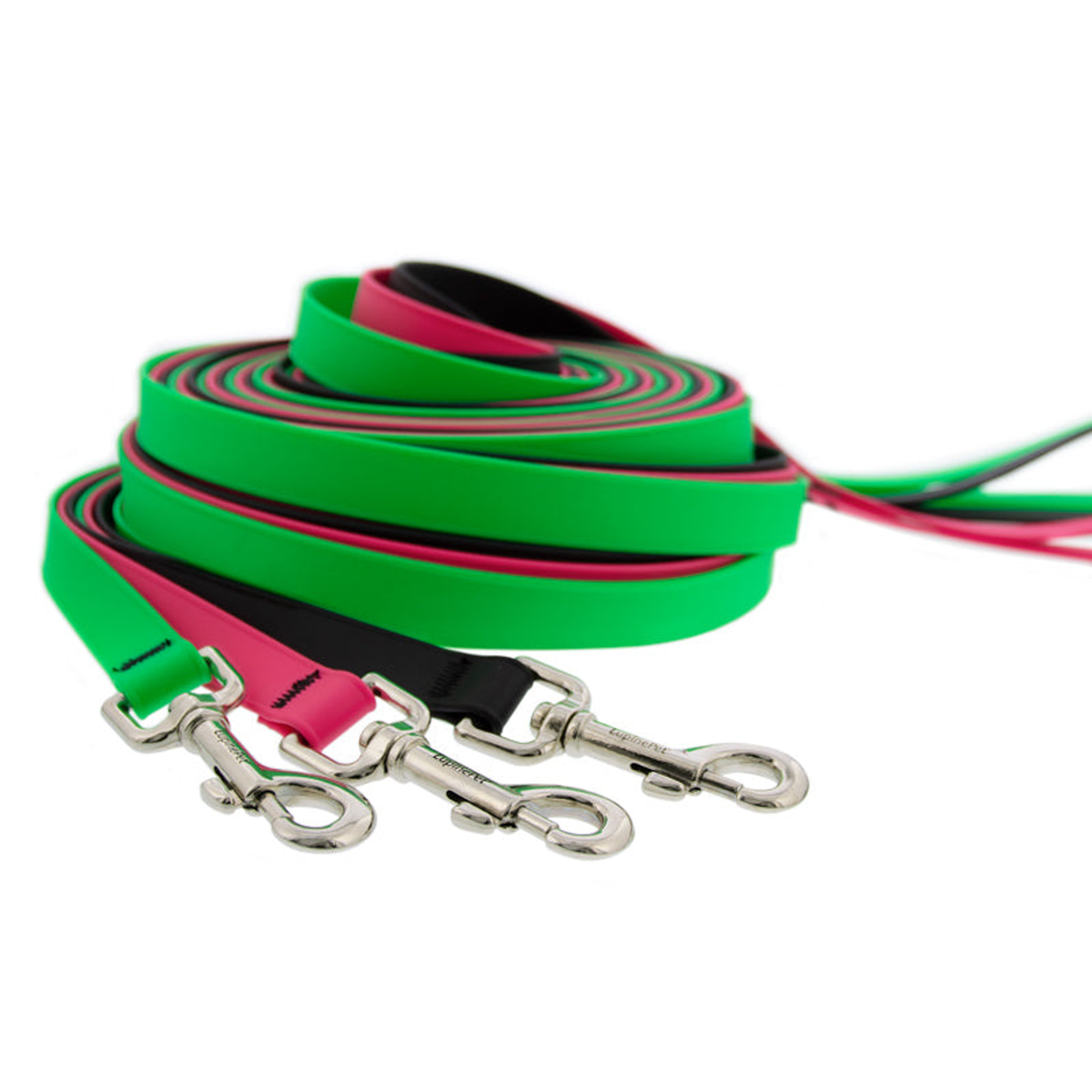 Three Splash BioThane long lines in Neon Green, Neon Pink and Jet Black fanned out with their snap hooks showing