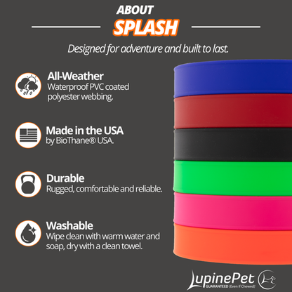 LupinePet About Splash graphic listing all-weather waterproof PVC coated polyester webbing, made in the USA by BioThane and washable, beside a stack of the six Splash colors
