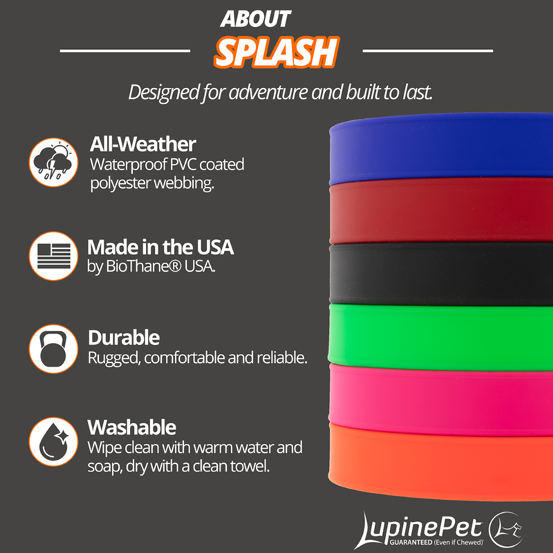 LupinePet About Splash graphic listing all-weather waterproof PVC coated polyester webbing, made in the USA by BioThane and washable, beside a stack of the six Splash colors