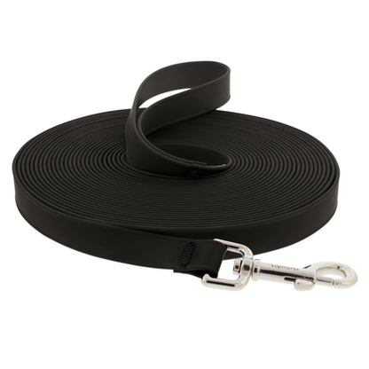 Splash BioThane long line coiled in Jet Black with its silver swivel snap hook