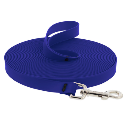 Splash BioThane long line coiled in True Blue with its silver swivel snap hook