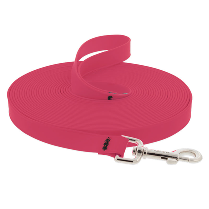 Splash BioThane long line coiled in Neon Pink with its silver swivel snap hook