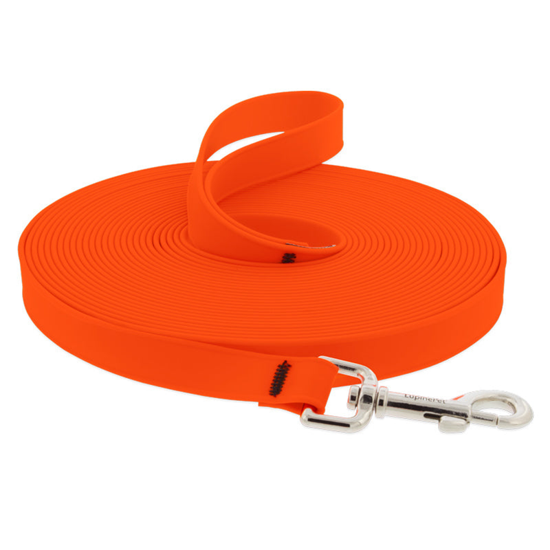 Splash BioThane long line coiled in Neon Orange with its silver swivel snap hook