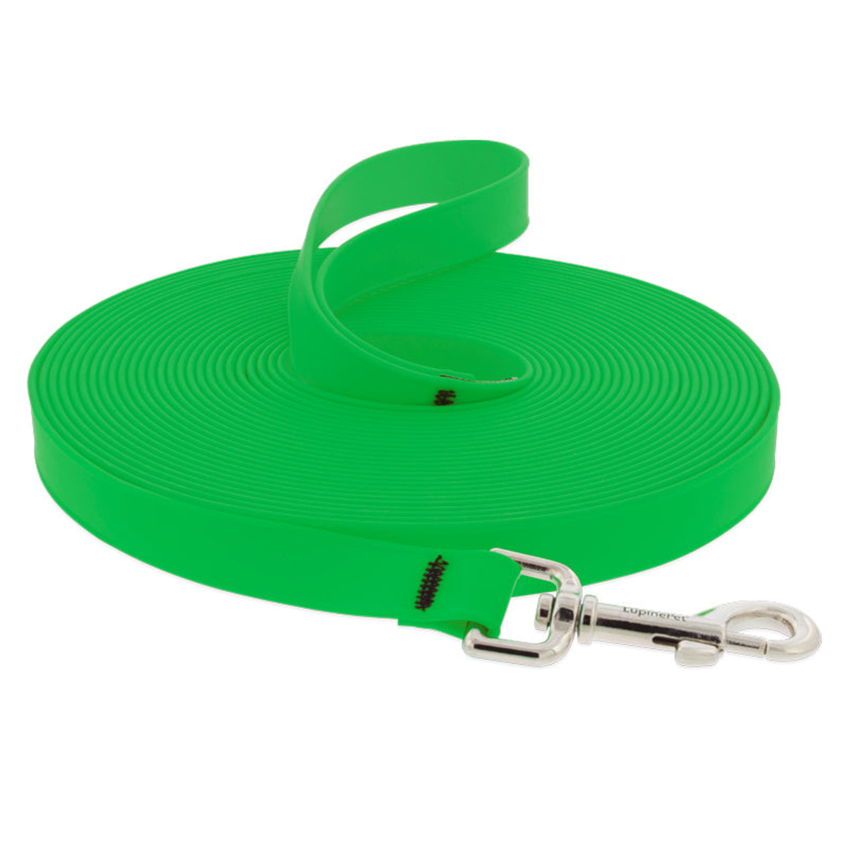 Splash BioThane long line coiled in Neon Green with its silver swivel snap hook