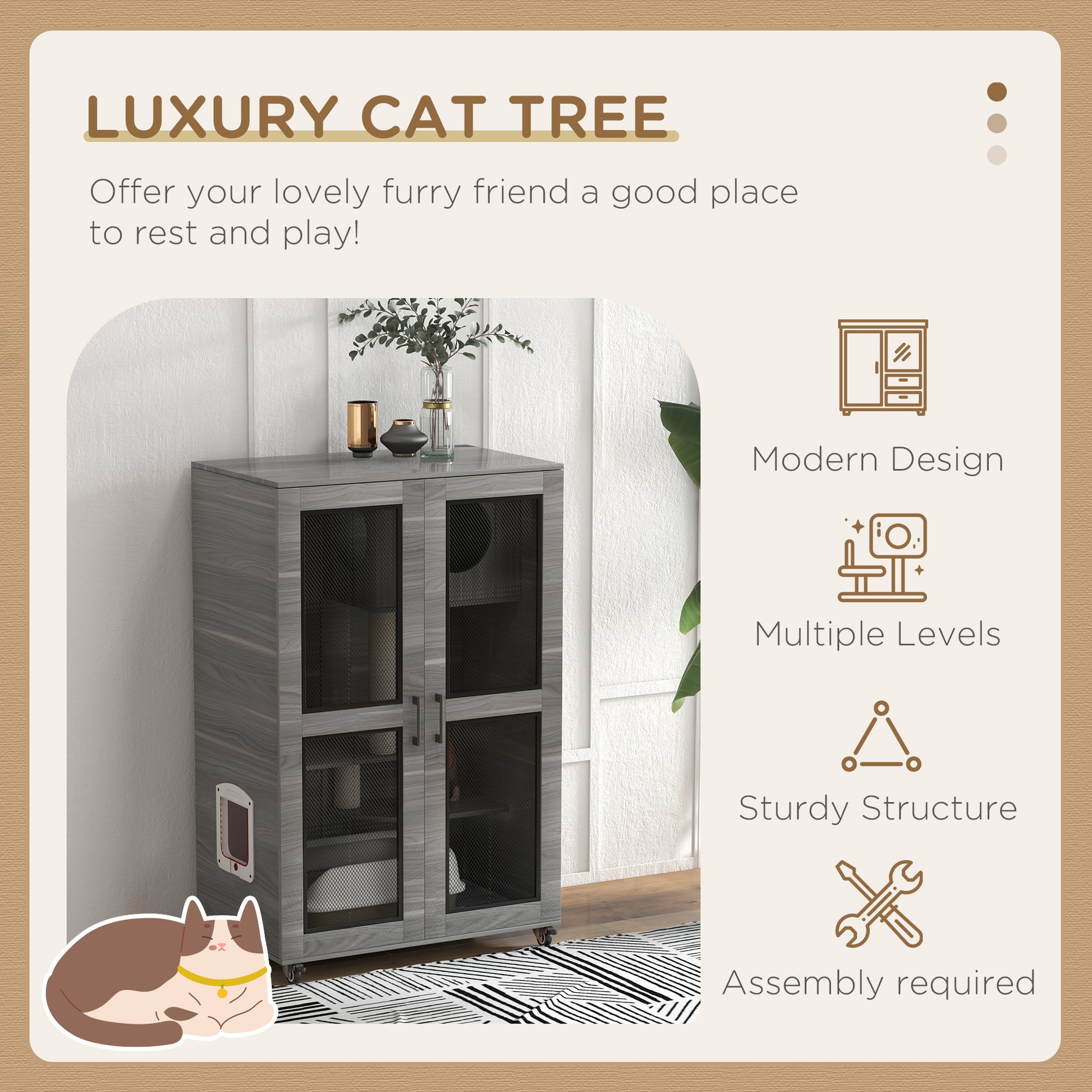 Mobile Gray Cat Tree House with Built-In Scratching Post