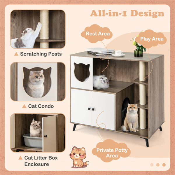 Natural 3-in-1 Cat Litter Box Enclosure and Scratching Post