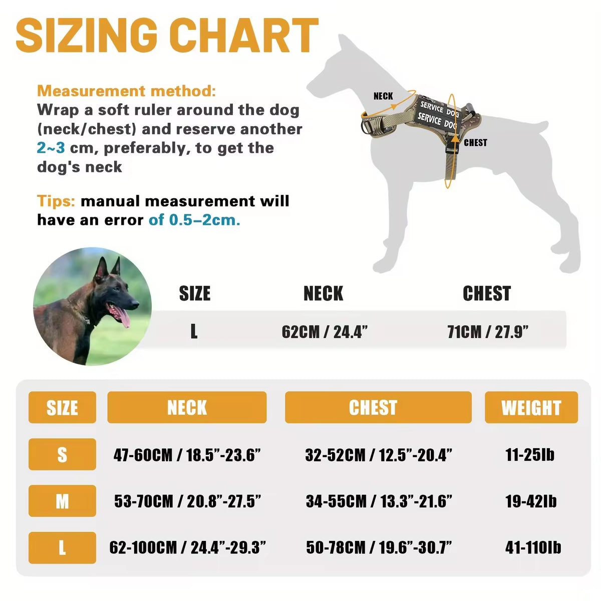 Supplier size chart with neck and chest ranges for sizes S, M and L