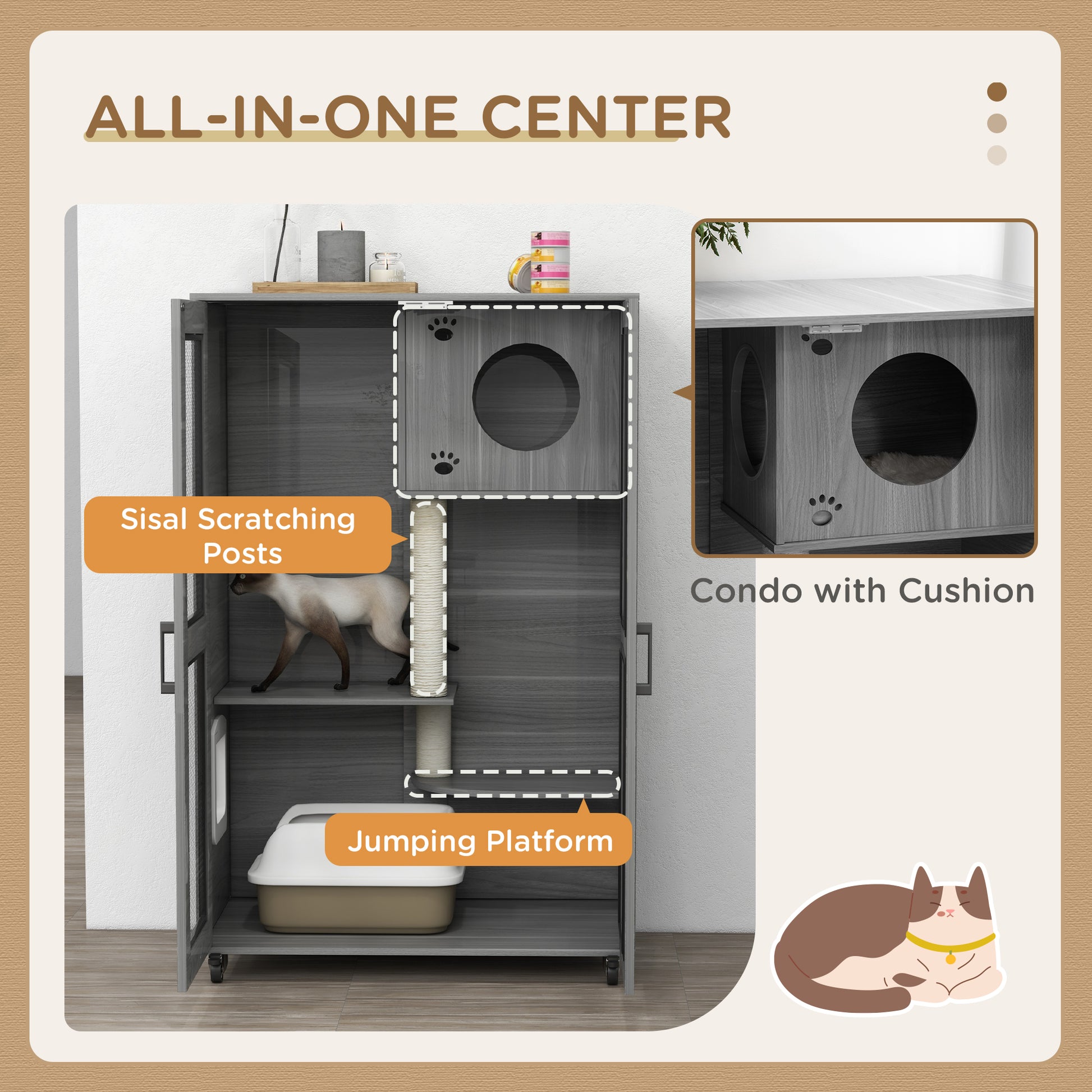 Mobile Gray Cat Tree House with Built-In Scratching Post